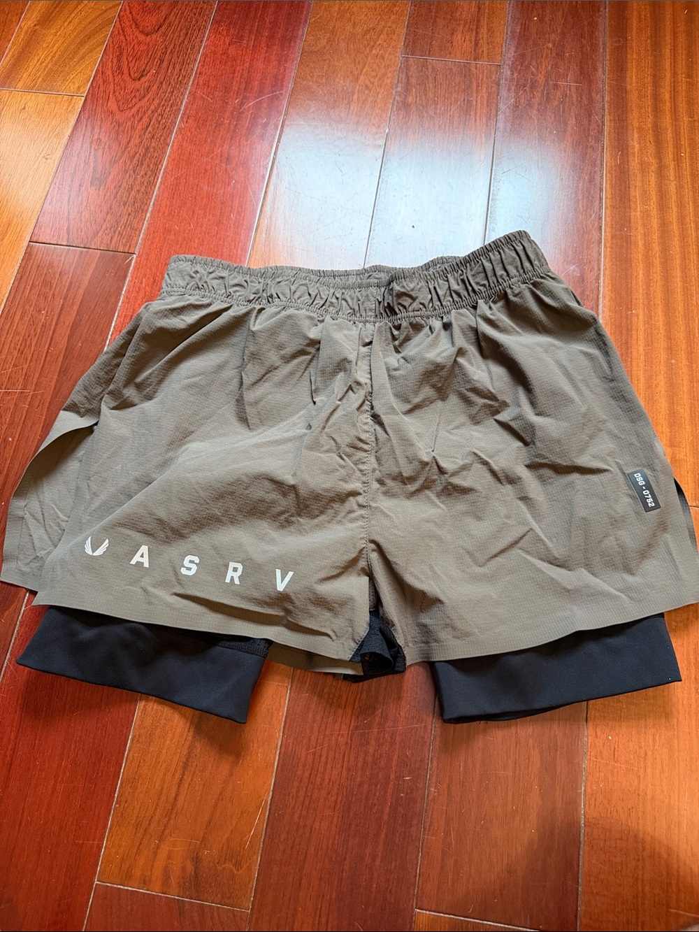 ASRV olive green running shorts with black inner liner